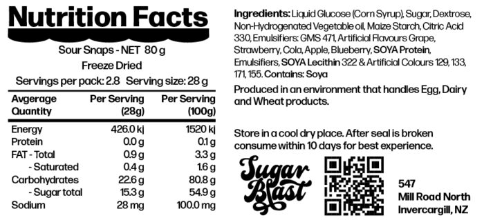 Sour Snaps Nutrition Facts